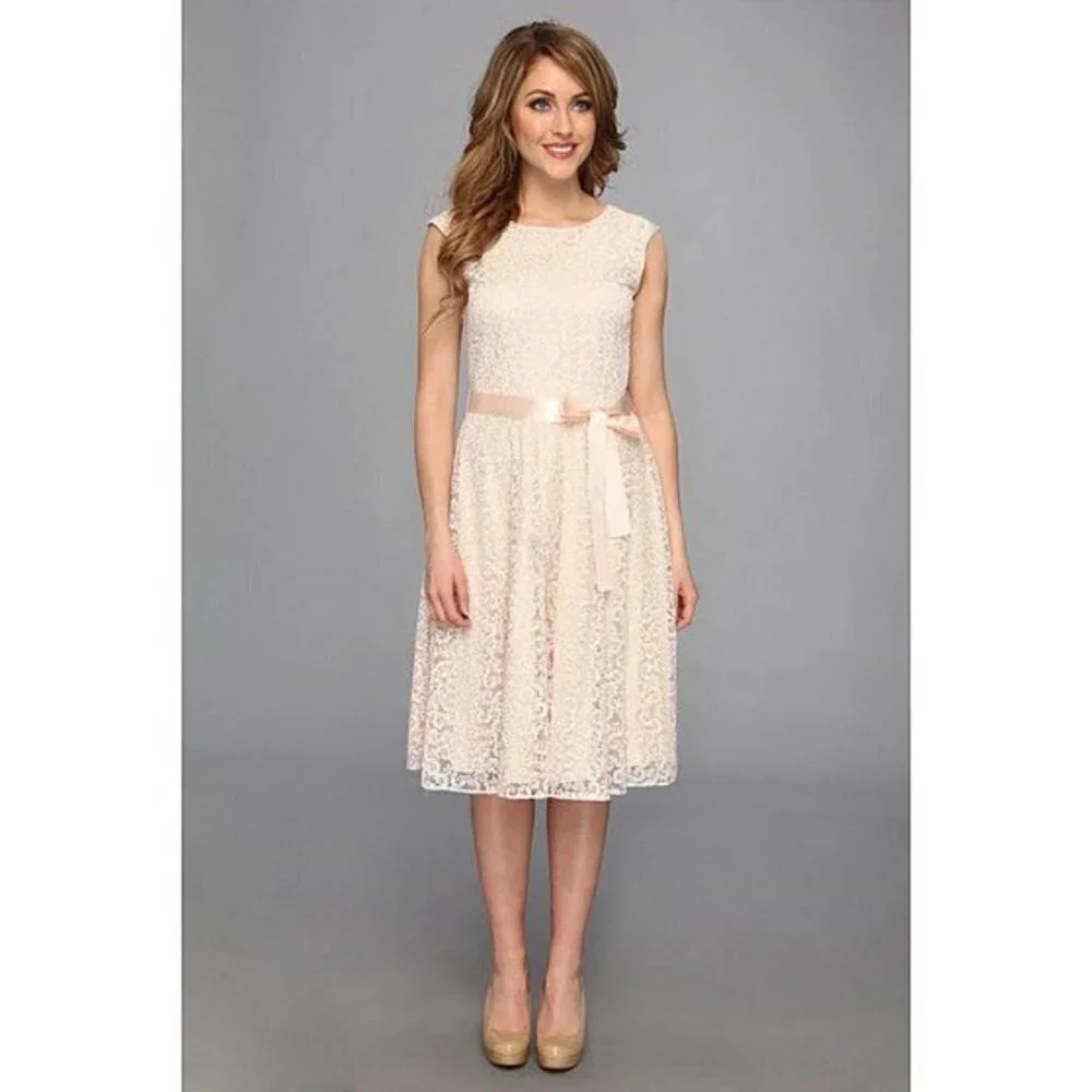 💕TAHARI by ASL💕 Glitter Lace Trim Metallic Ribbon Belted Dress Light Pink 18W - Picture 4 of 14